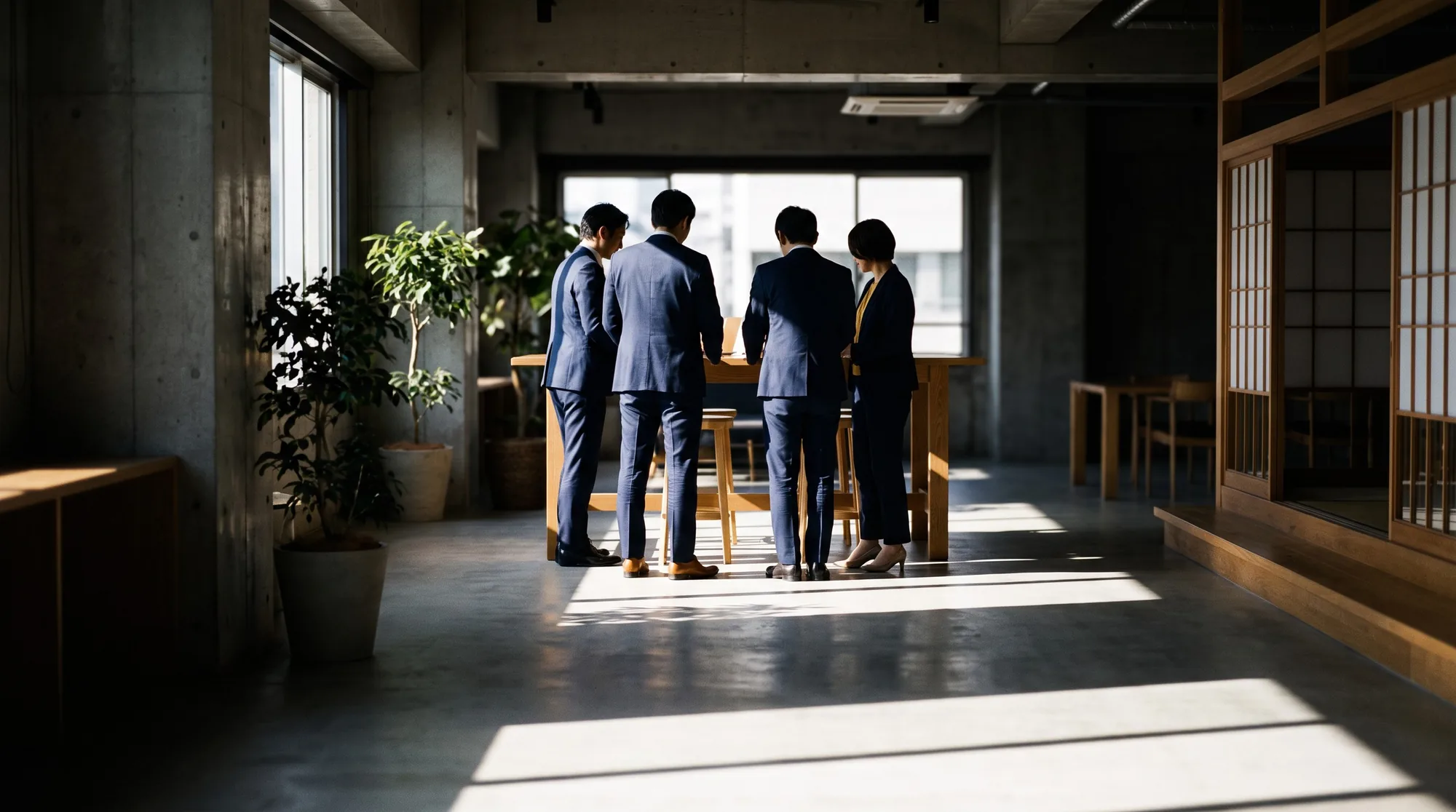 明るいオフィスのラウンジで、4人が立ったまま話し合っている様子(後ろ姿)