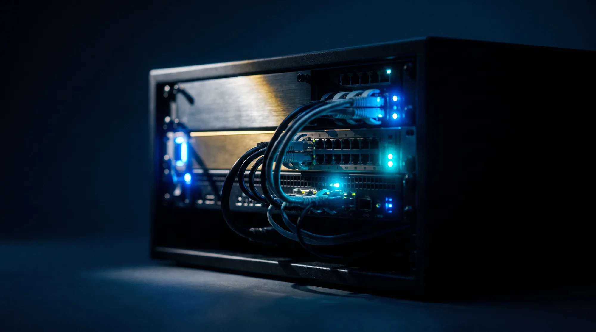 青いランプが灯る小型のネットワーク機器の接写