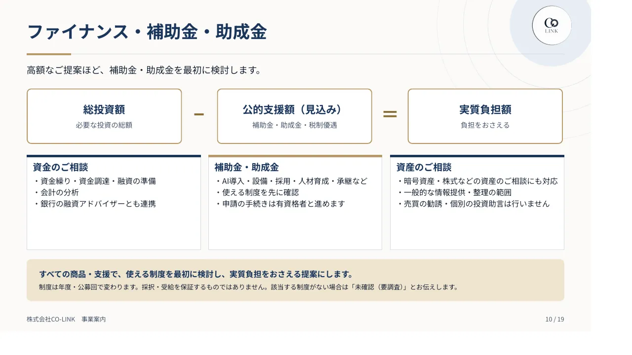 CO-LINK 事業案内パンフレット 10ページ ファイナンス・補助金・助成金