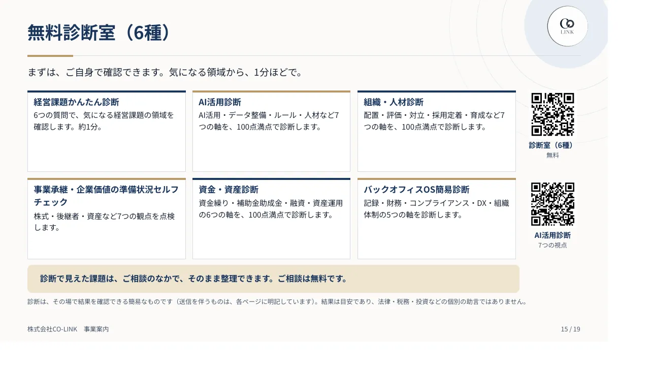 CO-LINK 事業案内パンフレット 15ページ 無料診断室(6種)