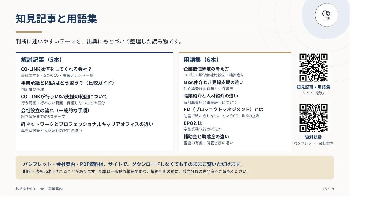 CO-LINK 事業案内パンフレット 16ページ 知見記事と用語集